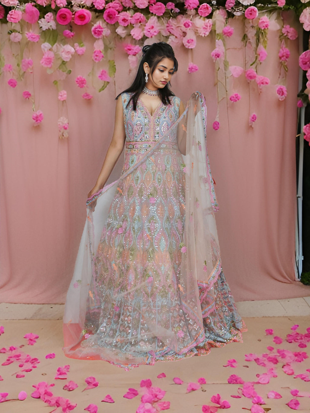 Multi Color Net Fabric Gown with Mirror Work & Embroidery by Shreekama