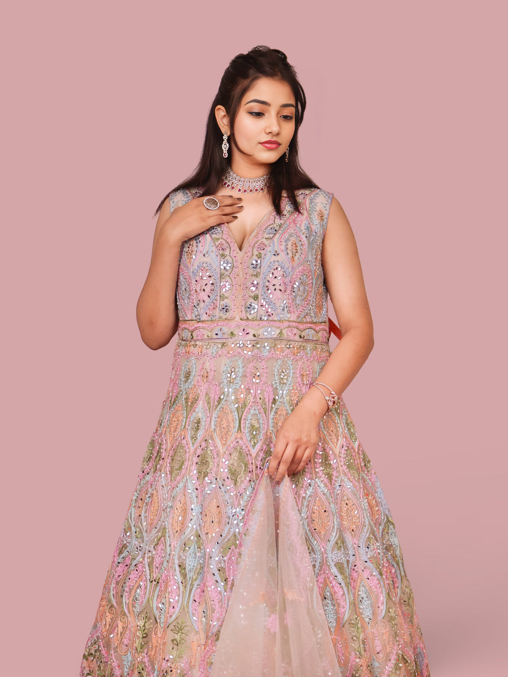 Multi Color Net Fabric Gown with Mirror Work & Embroidery by Shreekama