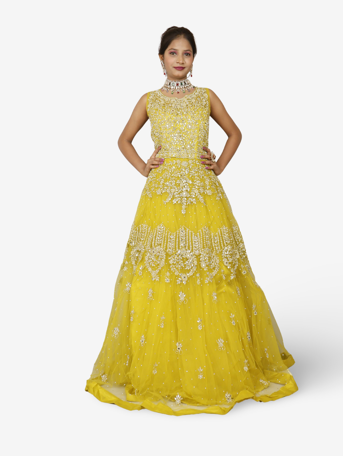 Lemon yellow gown with mirror and pearl work to soft net fabric for women by Shreekama