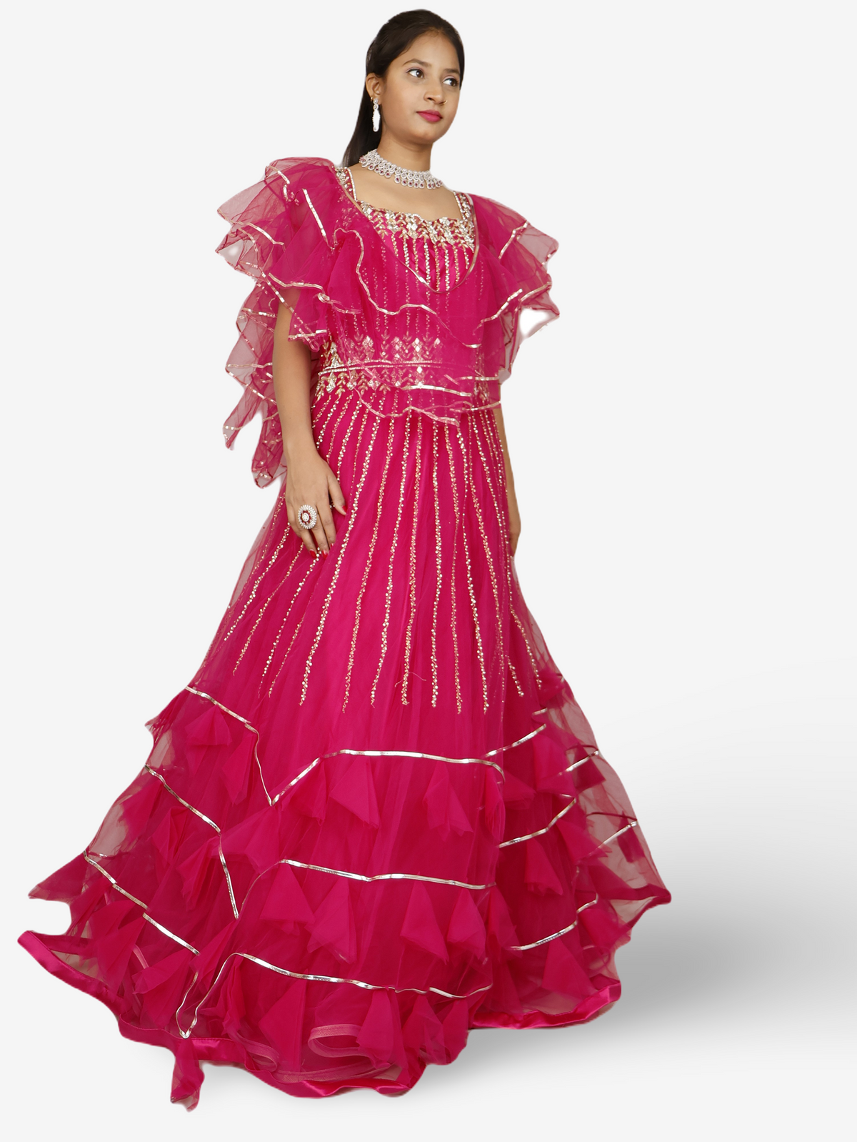 Magenta Pink Flare Gown Stone with Mirror Work for Women by Shreekama