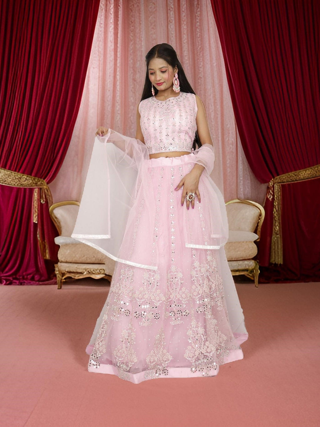 Beautiful mirror and stone work on this pink lehenga set for women by Shreekama