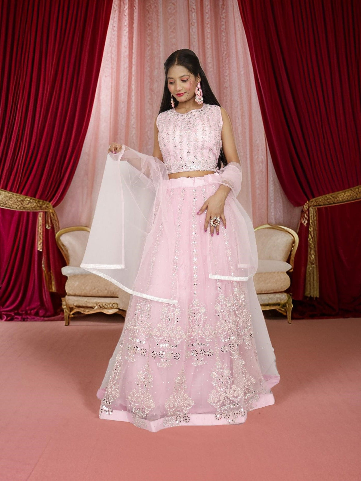 Beautiful mirror and stone work on this pink lehenga set for women by Shreekama