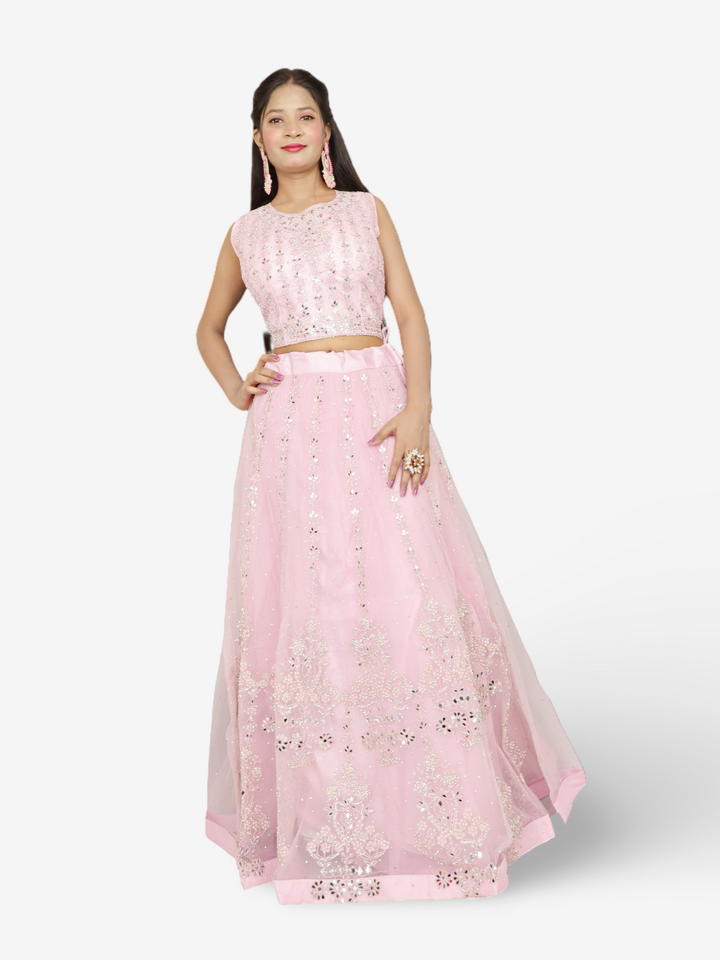 Beautiful mirror and stone work on this pink lehenga set for women by Shreekama
