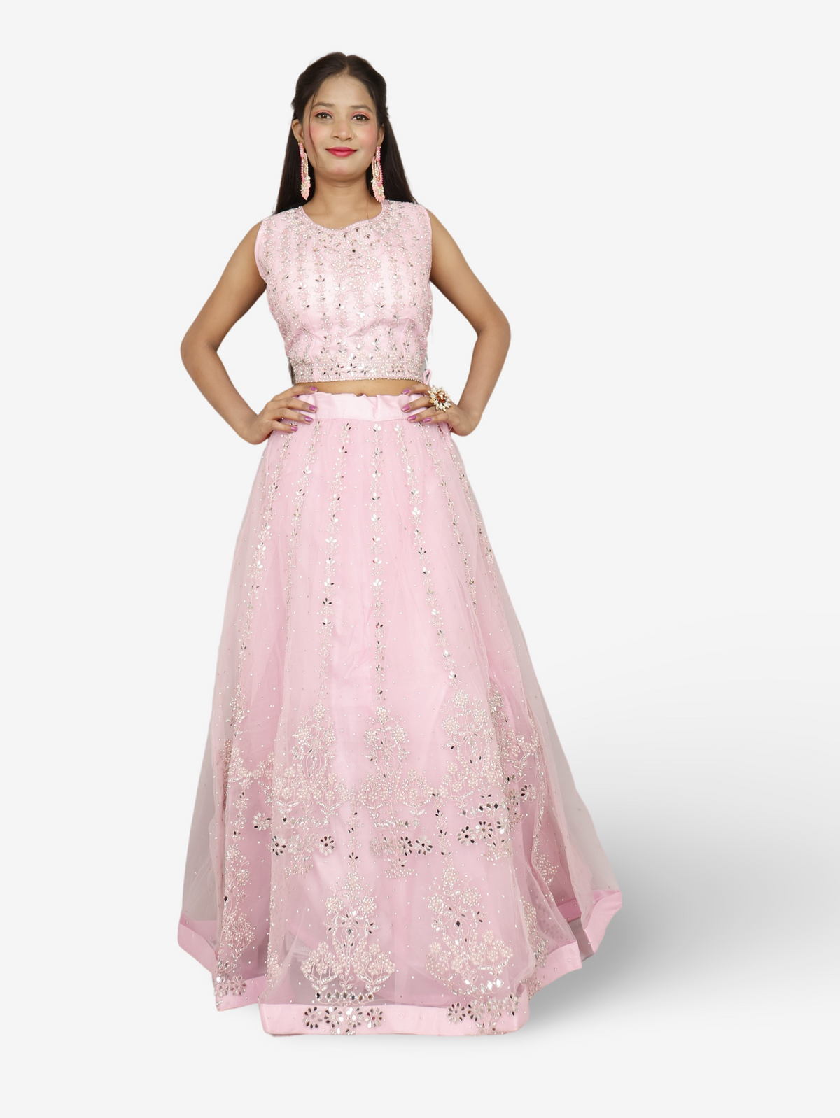 Beautiful mirror and stone work on this pink lehenga set for women by Shreekama