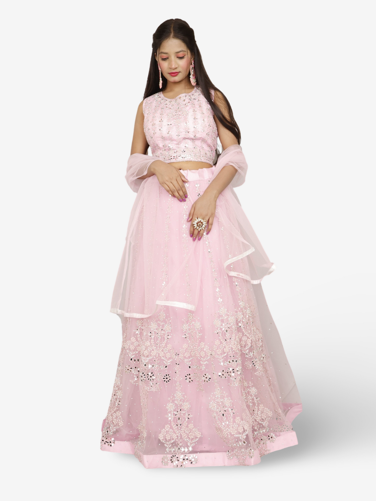 Beautiful mirror and stone work on this pink lehenga set for women by Shreekama