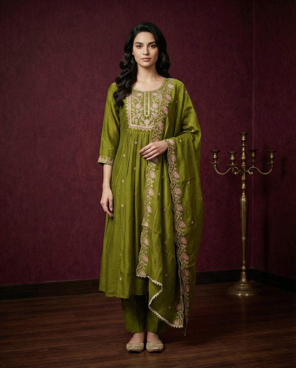 Olive Green Embroidered Kurta Set with Dupatta & Pants | Floral Thread Work