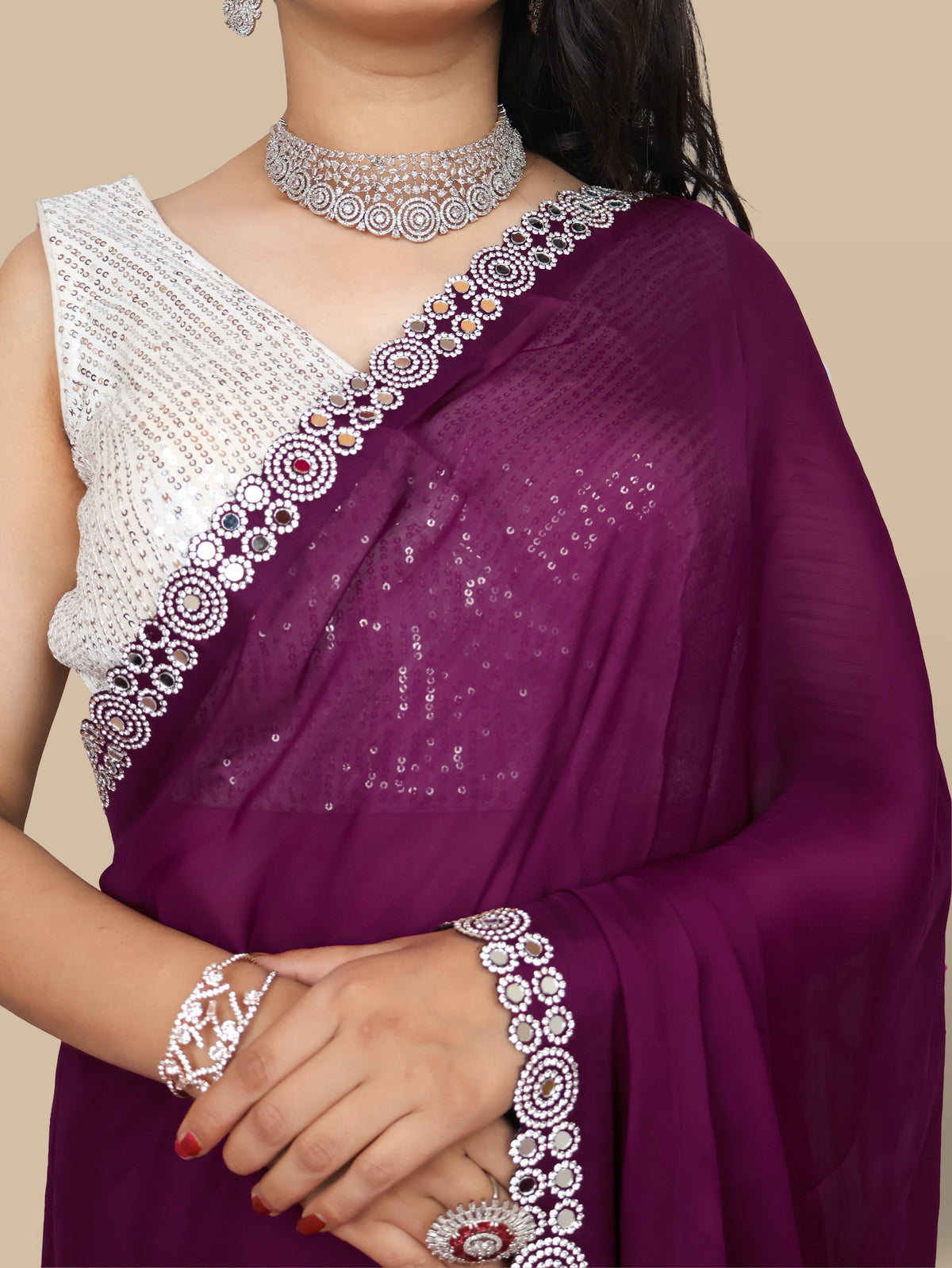 Designer Saree with American Diamond & Mirror Work by Shreekama