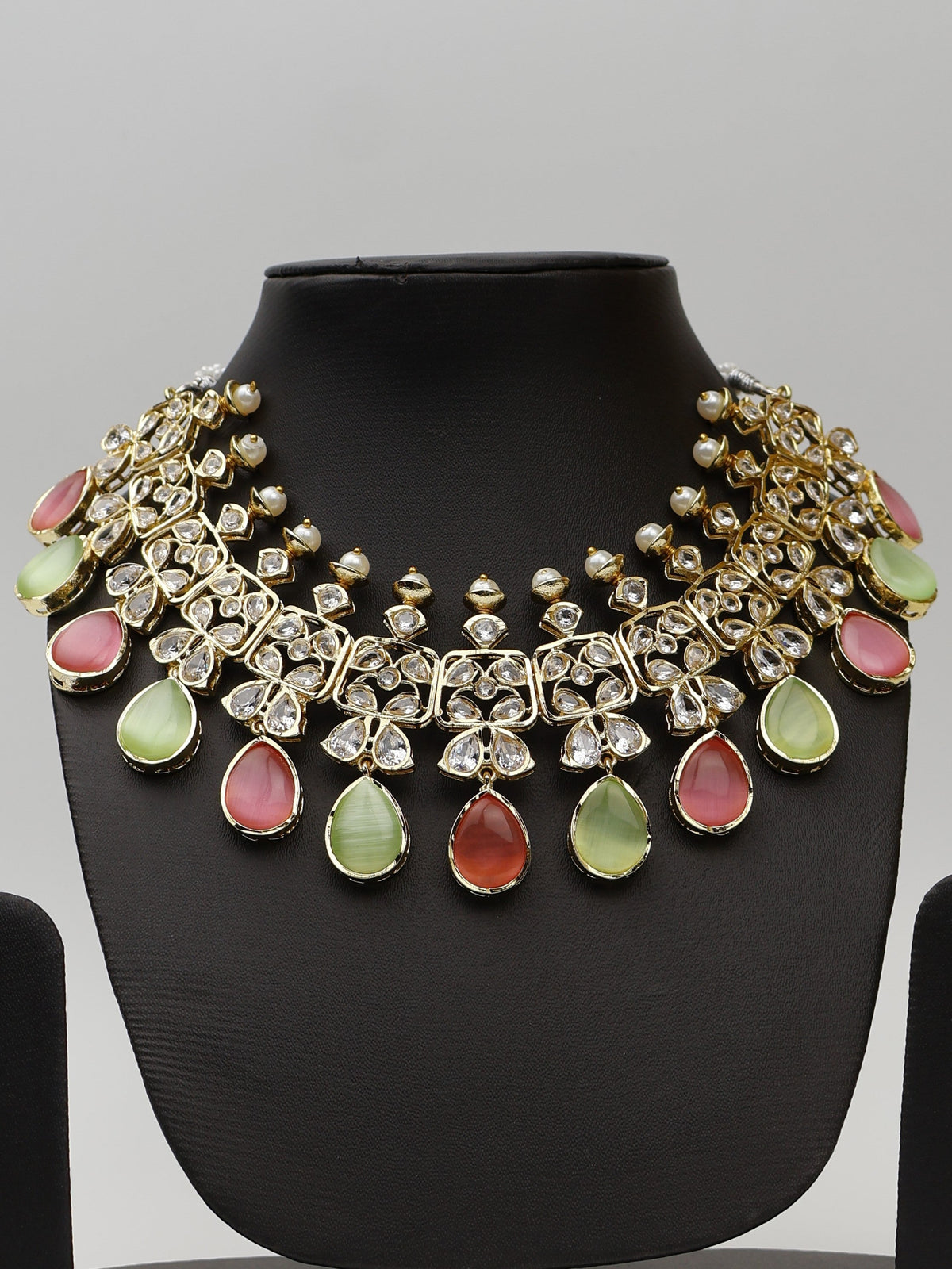 Three Layer Pink & Mint Green Monalisa Stones and Polki Necklace Set
