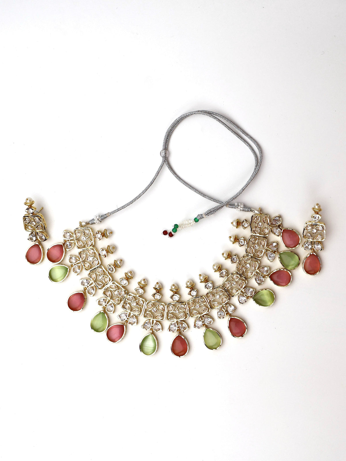 Three Layer Pink & Mint Green Monalisa Stones and Polki Necklace Set