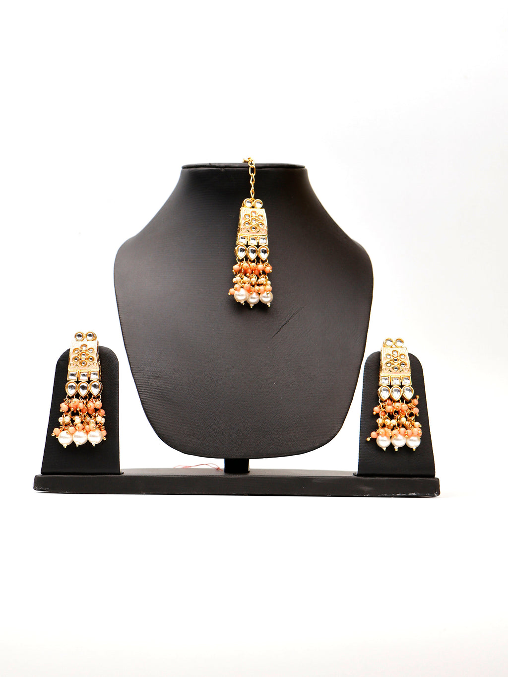 Peach Meenakari Kundan & Pearl Necklace Set with Earrings & Mang Tikka