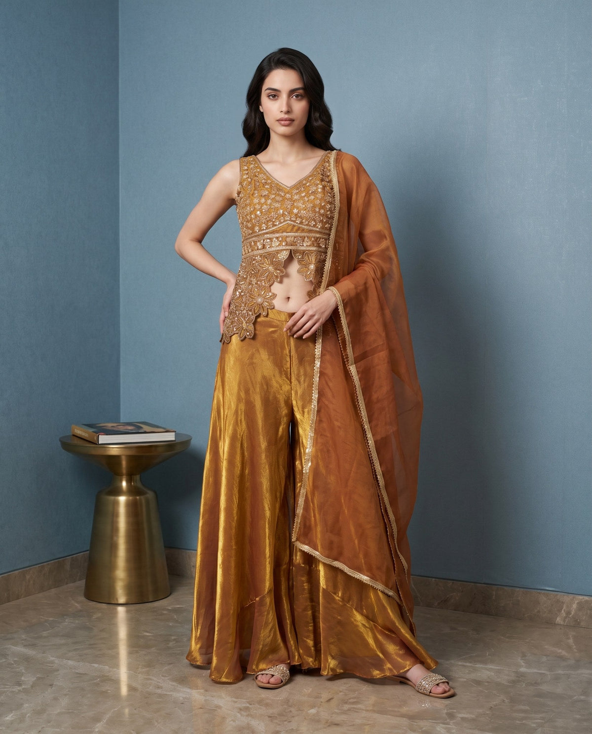 Sequin Embroidered Cape Jacket with Flowy Palazzo Pants Co-Ord Set