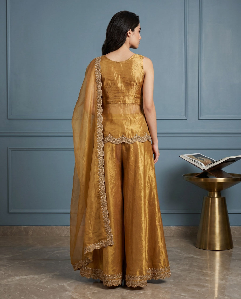 Sequin Embroidered Cape Jacket with Flowy Palazzo Pants Co-Ord Set