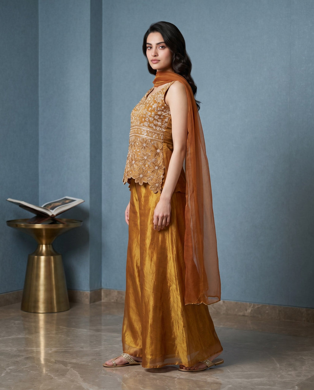 Sequin Embroidered Cape Jacket with Flowy Palazzo Pants Co-Ord Set
