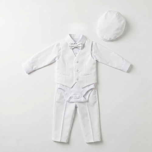 White baby vest set with bow tie, pants, and matching cap