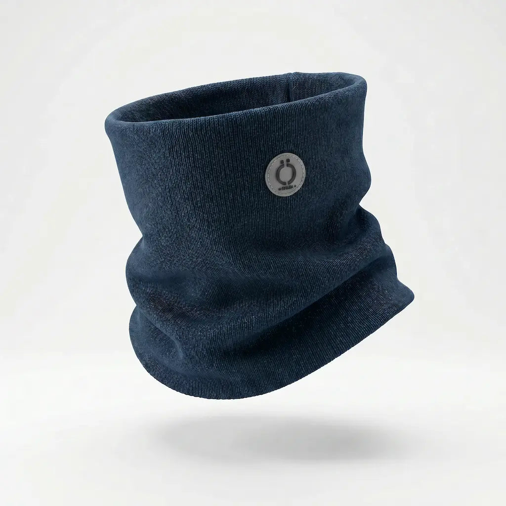 Navy knitted neckwarmer with small circular logo patch on the front
