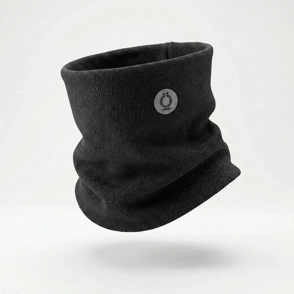 Black knitted neckwarmer with small circular logo patch on the front