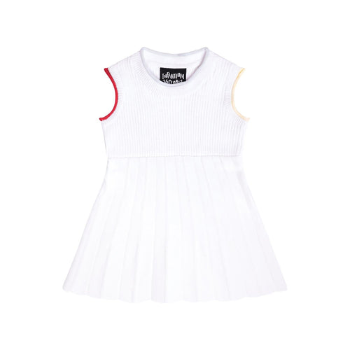 Baby white sleeveless dress with ribbed knit bodice, pleated skirt, red trim