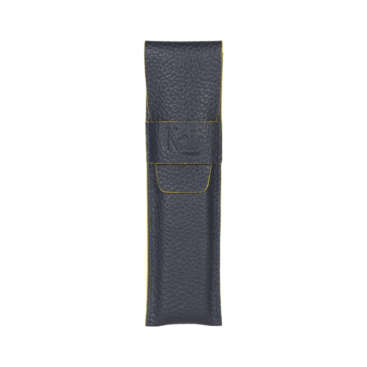 K0028DB | Custodia per Penne in Vera Pelle pieno fiore, grana dollaro - Colore Blu con bordi Gialli - Dimensioni: cm 4,5 x 16,5 x 1 - Confezione: Scatola regalo fondo/coperchio - Accessorio at Dealshubindia