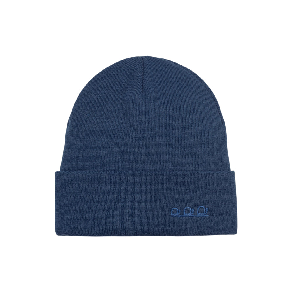Blue knit beanie with ribbed cuff and small stitched logo patch