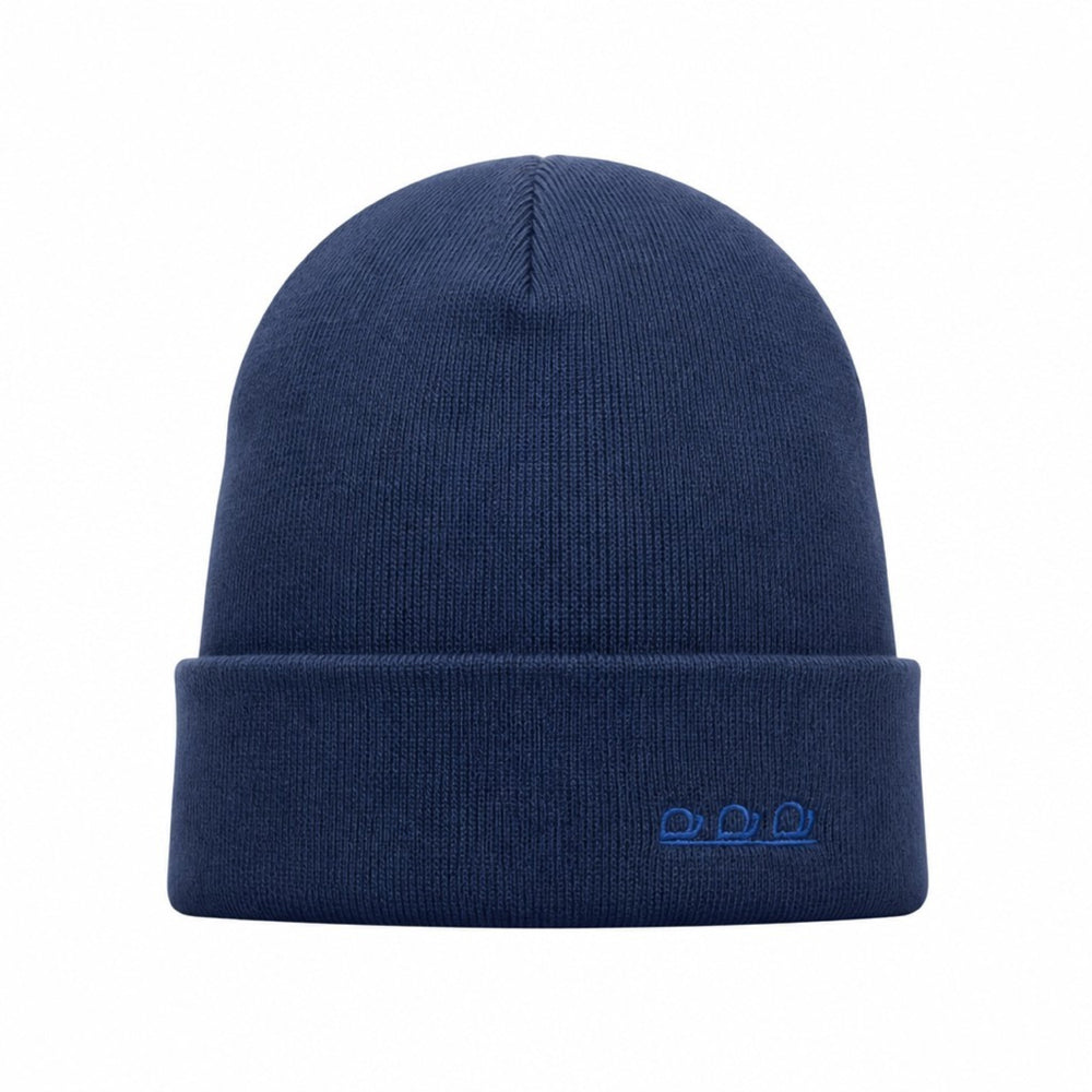Blue knit beanie with folded ribbed cuff and small logo embroidery