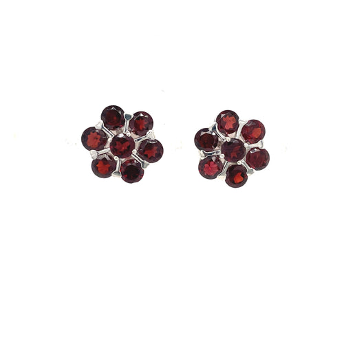 Cluster stud earrings with dark red gemstones and .925 sterling silver settings