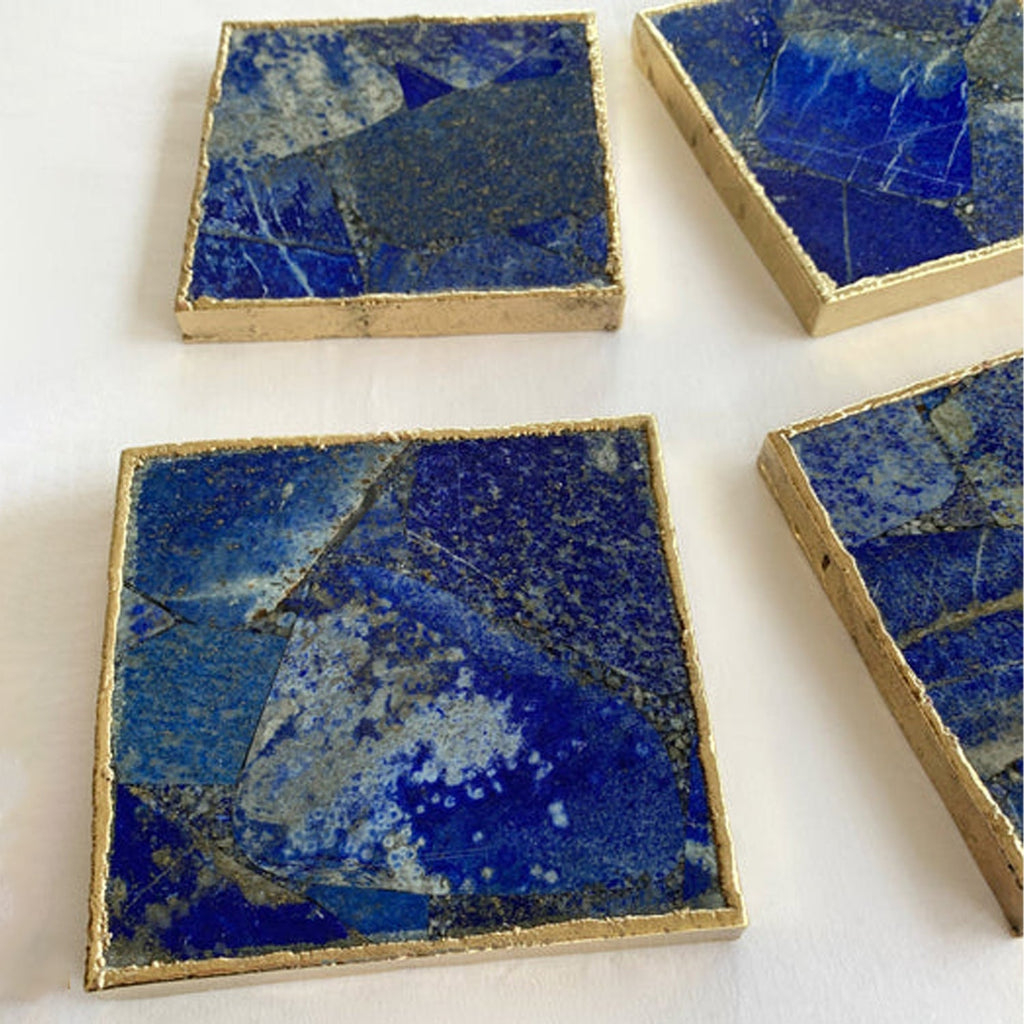 Square lapis blue coasters set, angled view with gold-toned trim and veined pattern