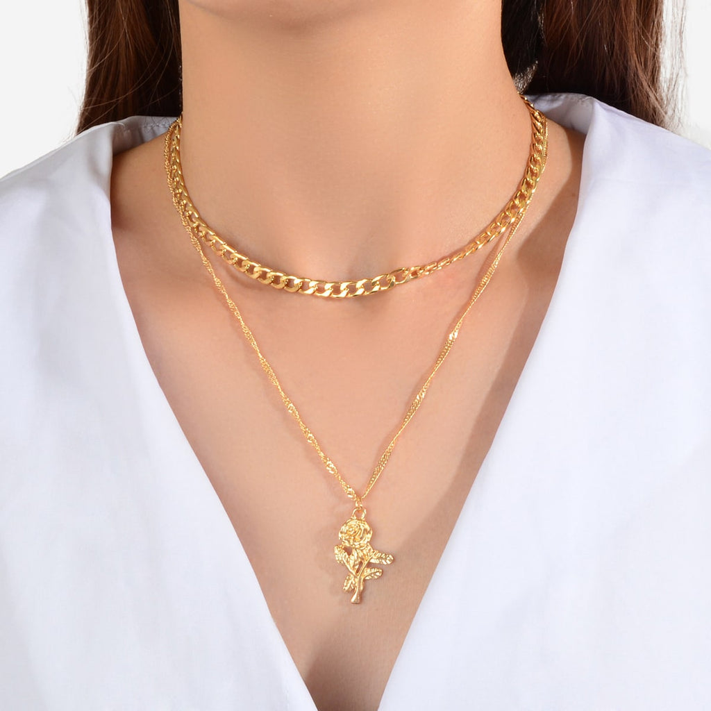 Female Jewelry Double layer Gold Chain Flower Pendant Necklace Women Accessories