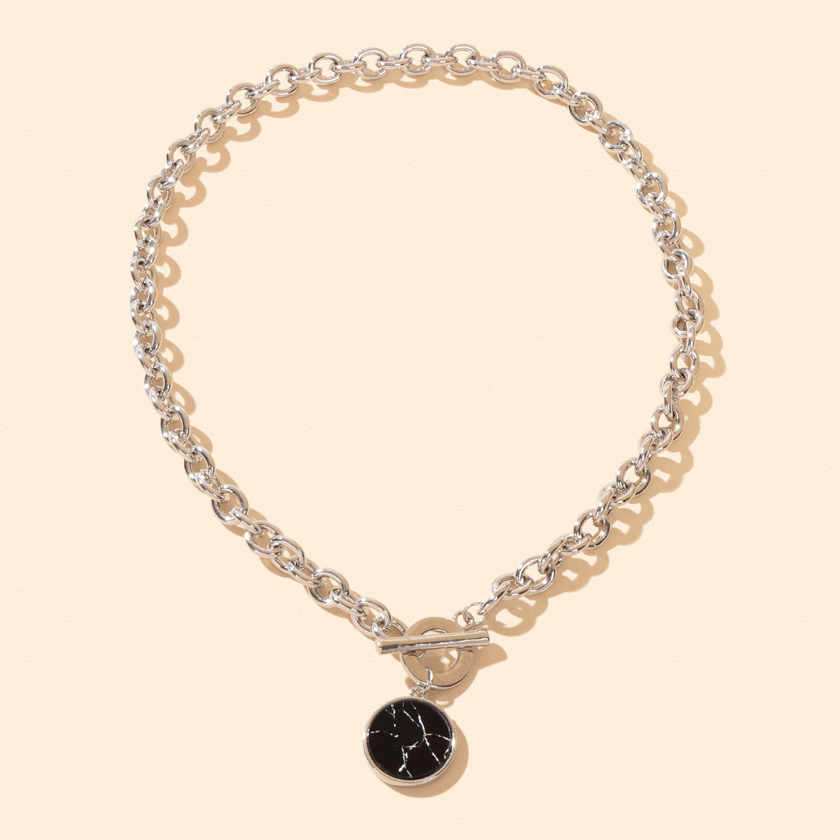 Punk Jewelry Chunky Silver Chain Black Marble Round Pendant Necklace Accessories
