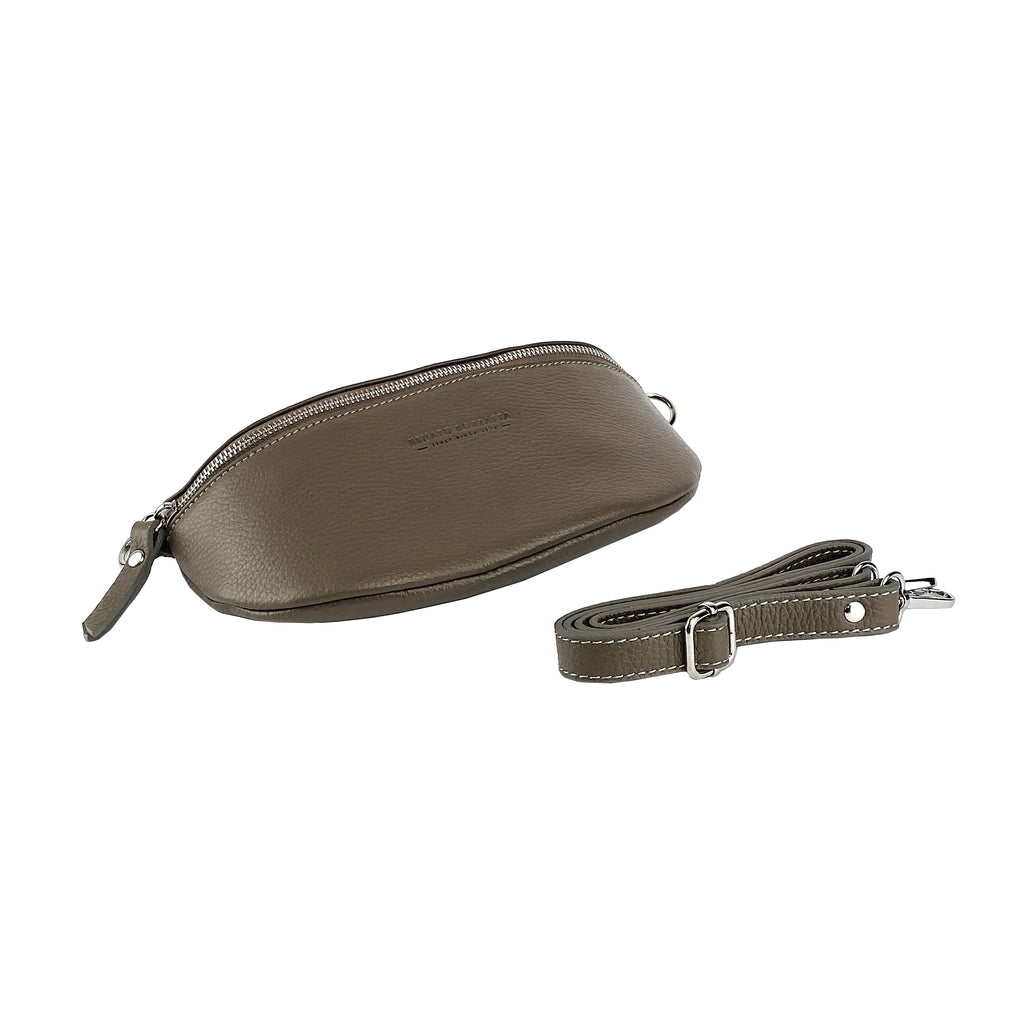 Taupe leather fanny pack with detachable strap and metal buckle, top zip