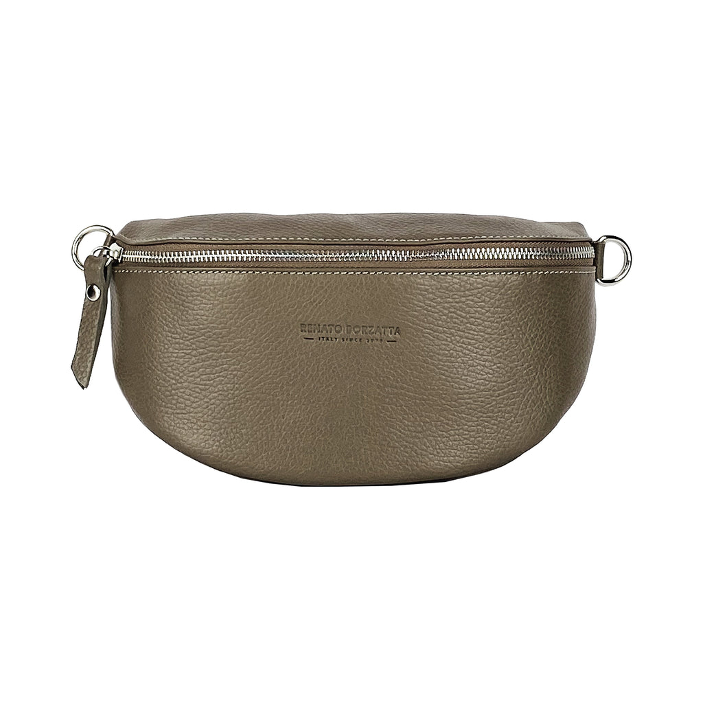 Taupe leather belt fanny pack with top zip and metal ring attachments