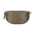 Taupe leather belt fanny pack with top zip and metal ring attachments