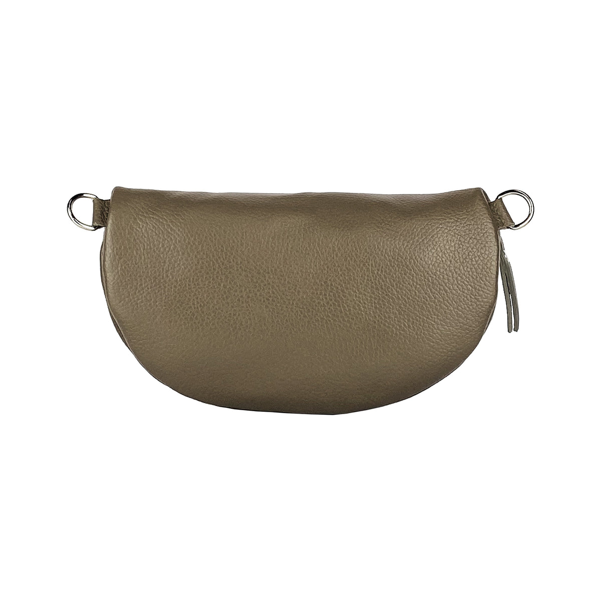 Taupe leather belt fanny pack with top zip and side metal rings