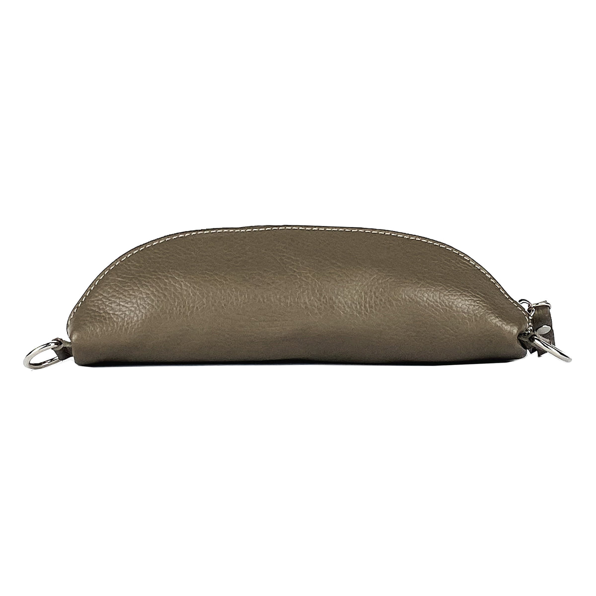 Taupe leather fanny pack with rounded shape, metal zipper pull, and side ring