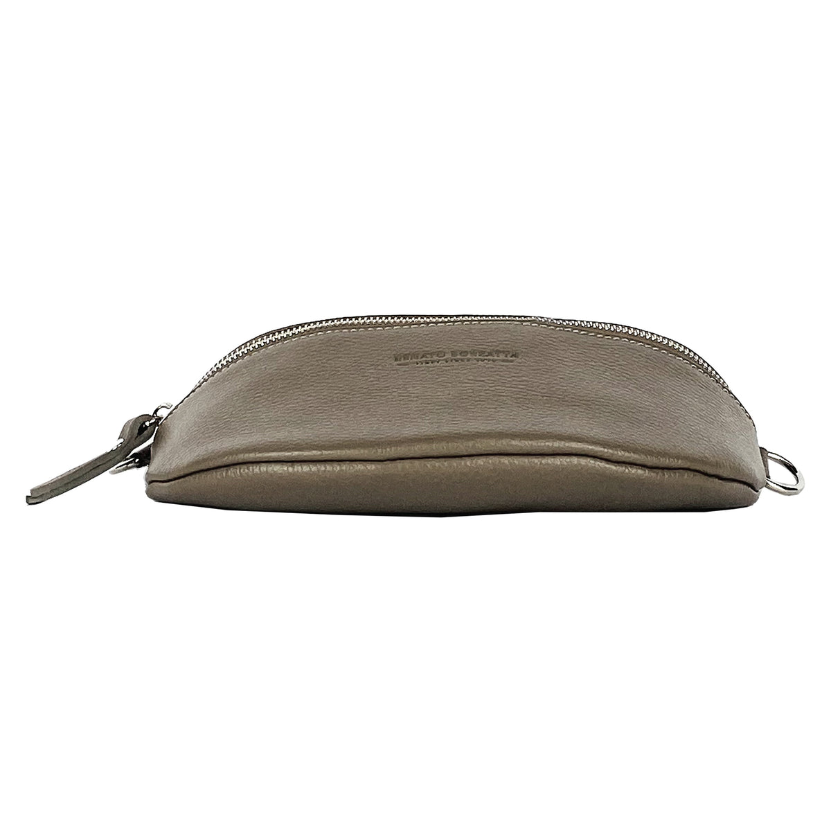 Taupe leather fanny pack with top zip and metal side rings