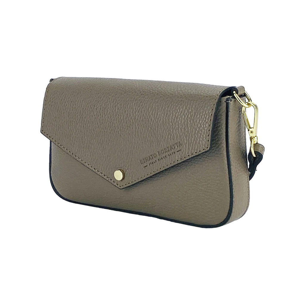 Taupe genuine leather small shoulder bag with flap and shiny gold hardware