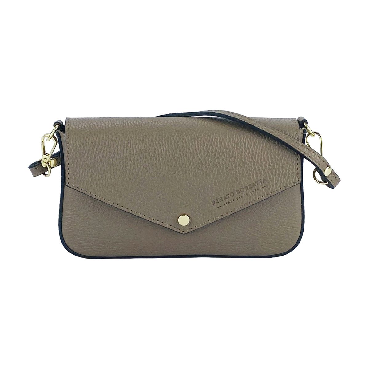 Taupe leather flap shoulder bag with gold-tone rings and adjustable shoulder strap