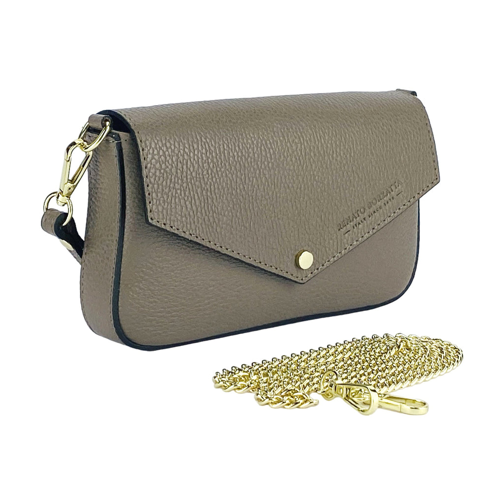 Taupe leather crossbody bag with flap, removable chain strap, and gold hardware