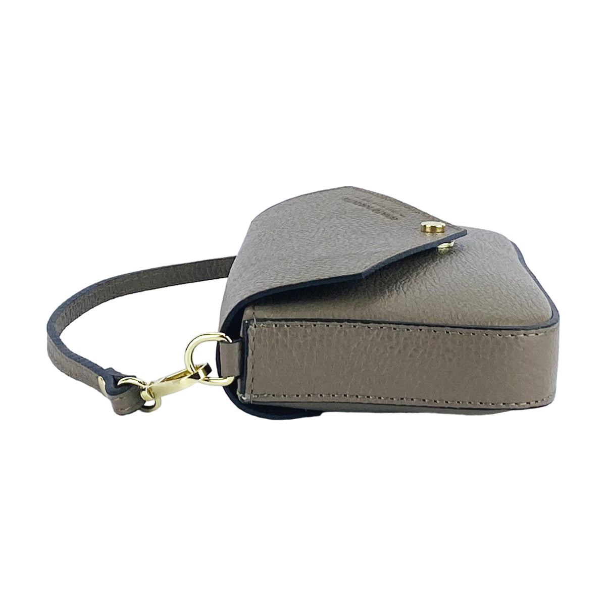 Taupe leather shoulder bag with flap closure and detachable strap with gold clasp