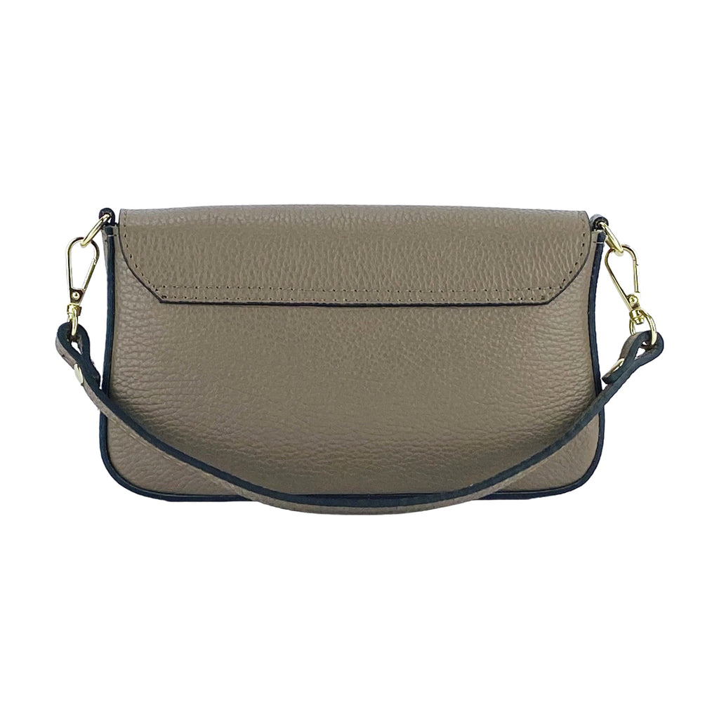 Taupe leather small bag with long strap, flap top, and gold-tone hardware