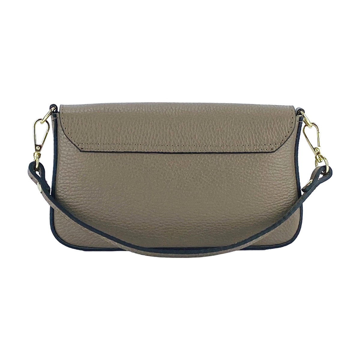 Taupe leather small bag with long strap, flap top, and gold-tone hardware