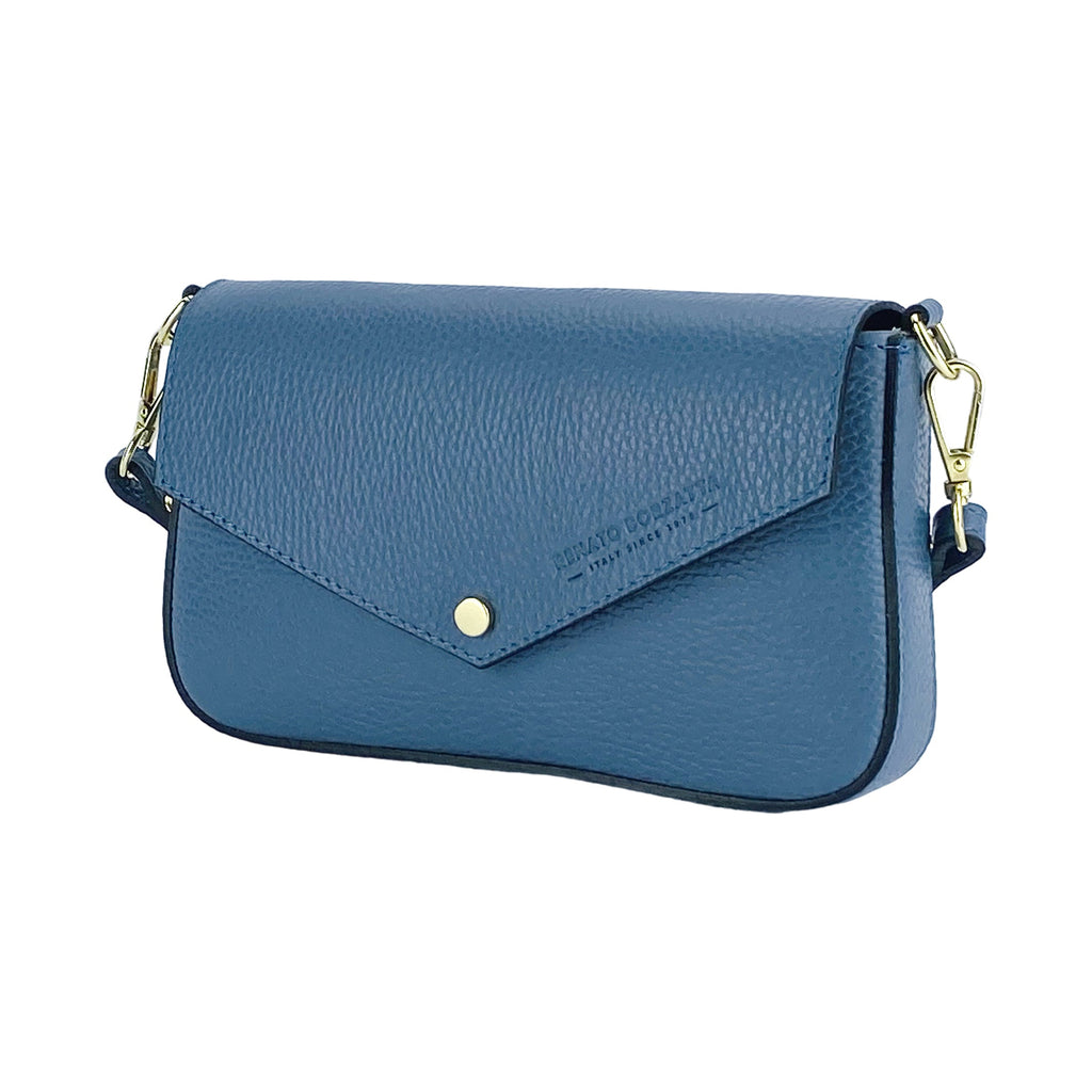 Blue leather shoulder bag with front flap, snap button, and gold-tone chain straps