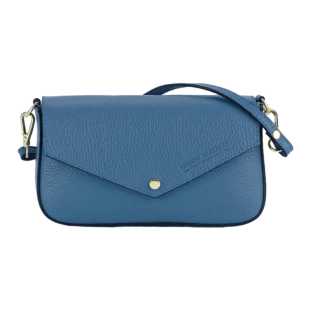 Blue leather crossbody bag with centered flap and gold snap, short chain straps