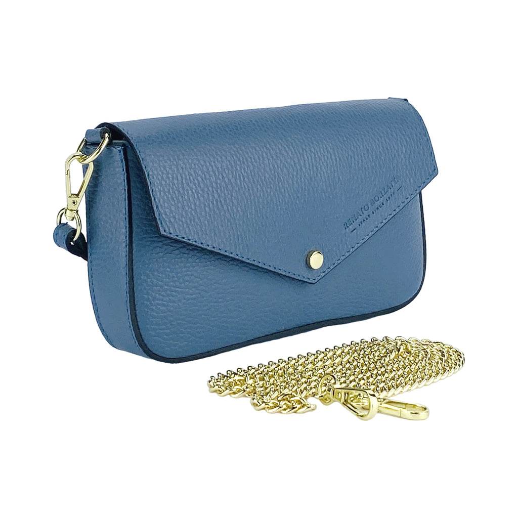 Blue leather flap shoulder bag with gold chain strap accessory