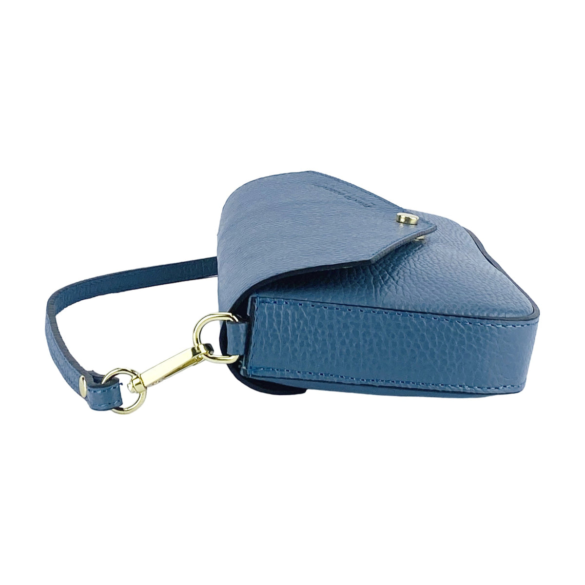 Blue leather mini shoulder bag with flap closure and gold chain strap