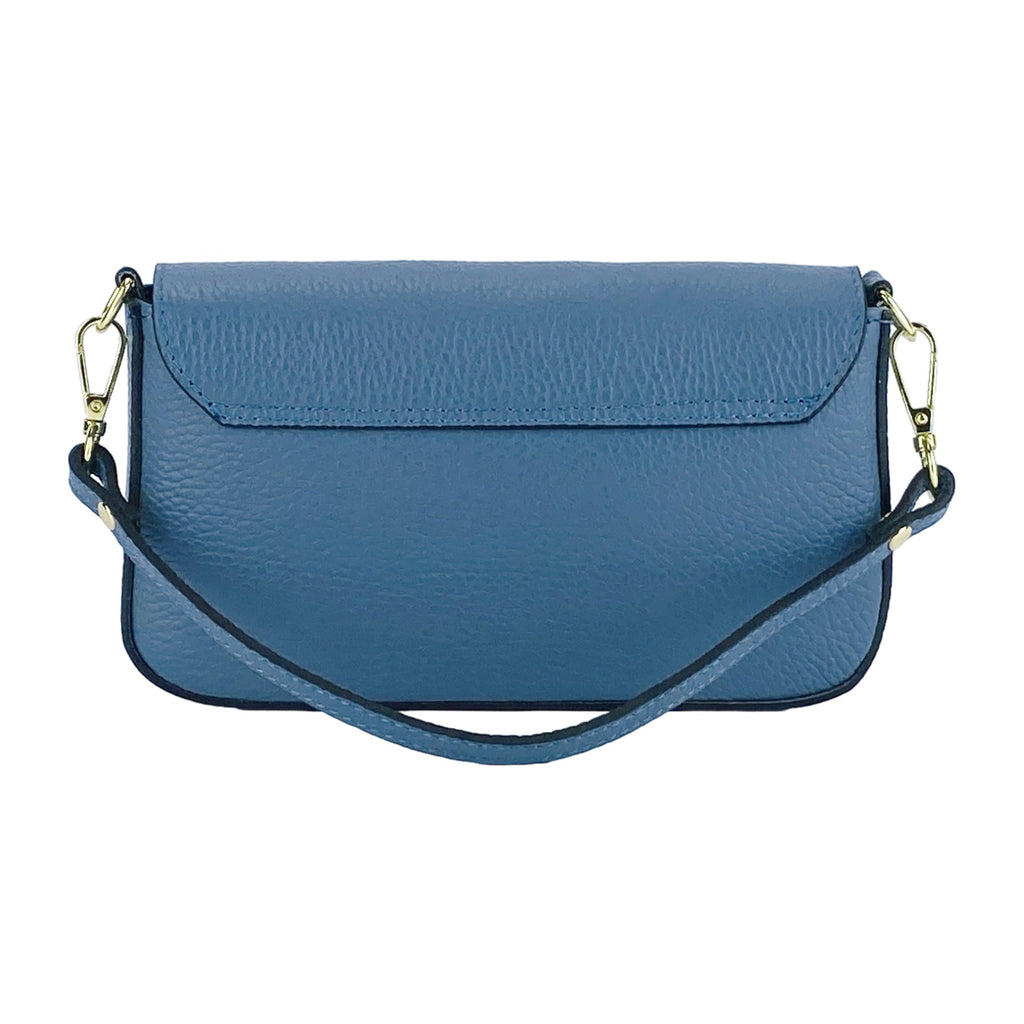 Blue leather flap crossbody bag with adjustable chain strap and gold hardware