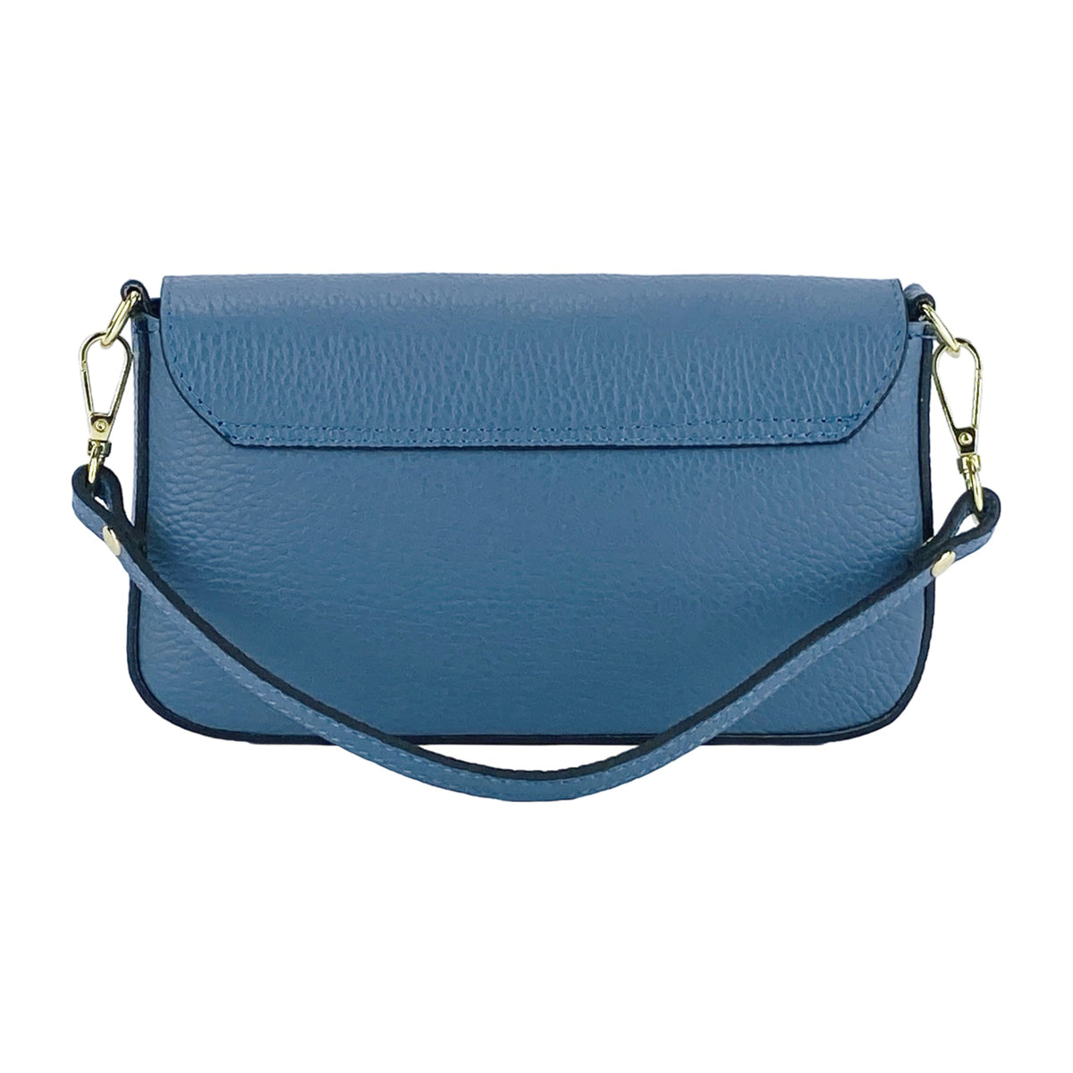 Blue leather flap crossbody bag with adjustable chain strap and gold hardware