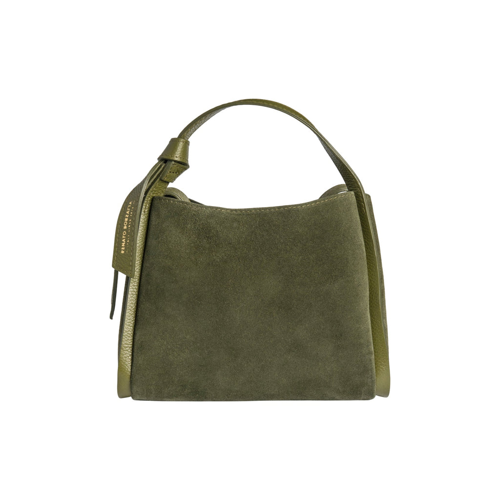 Forest green suede top-handle bag with structured shape and side detailing.