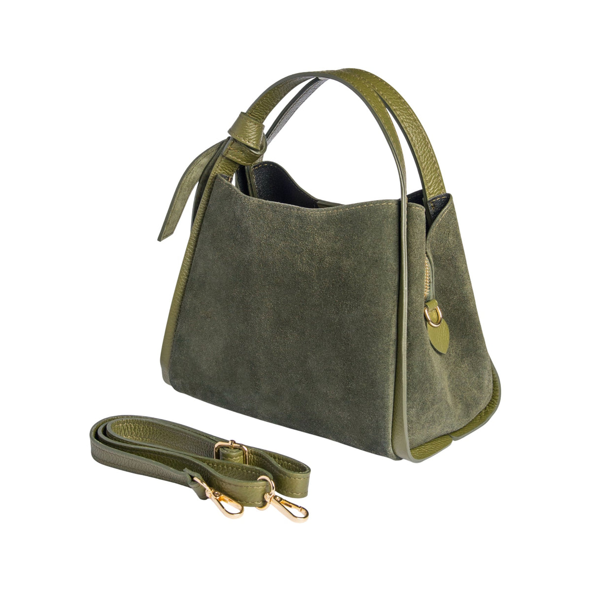 Forest green suede handbag with gold-tone hardware and detachable crossbody strap.