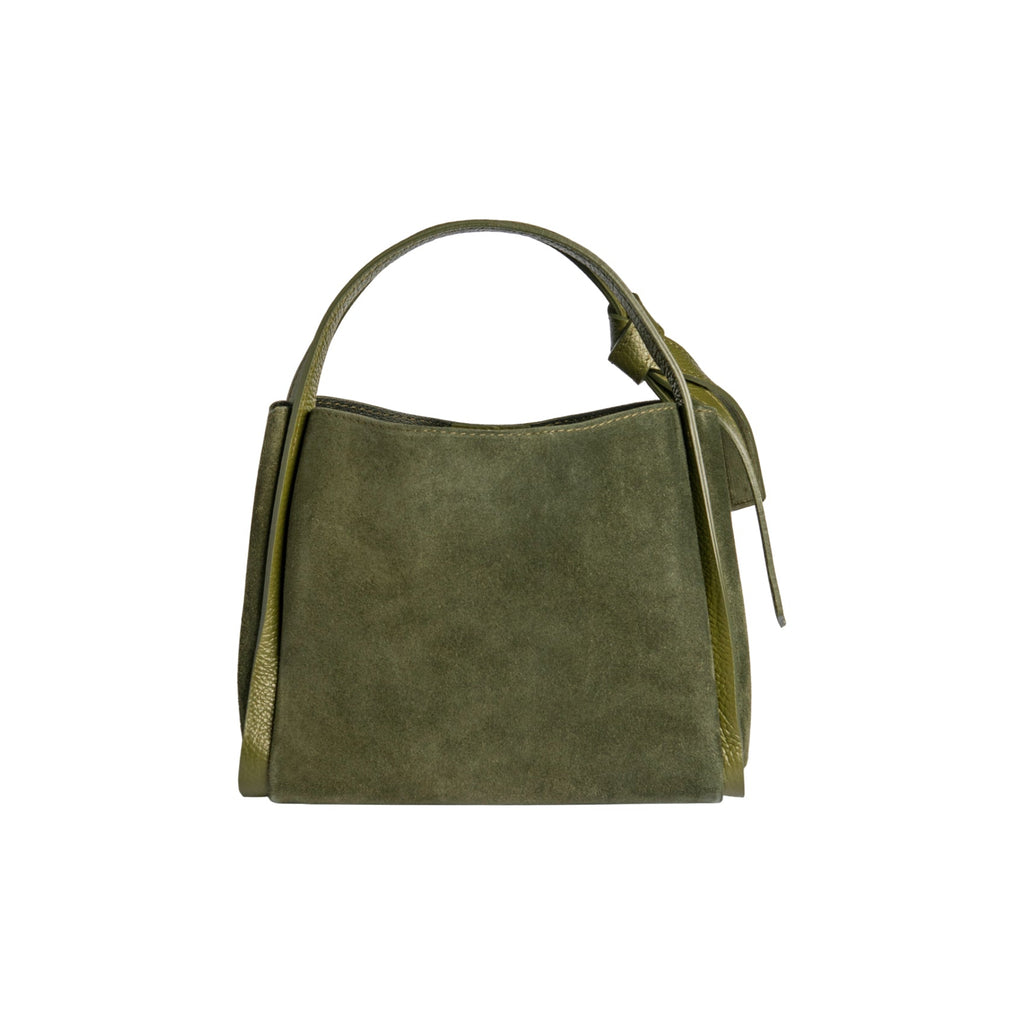 Forest green suede top-handle handbag with hanging leather tassels.