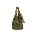 Forest green suede handbag with gold-tone zipper and top handle.